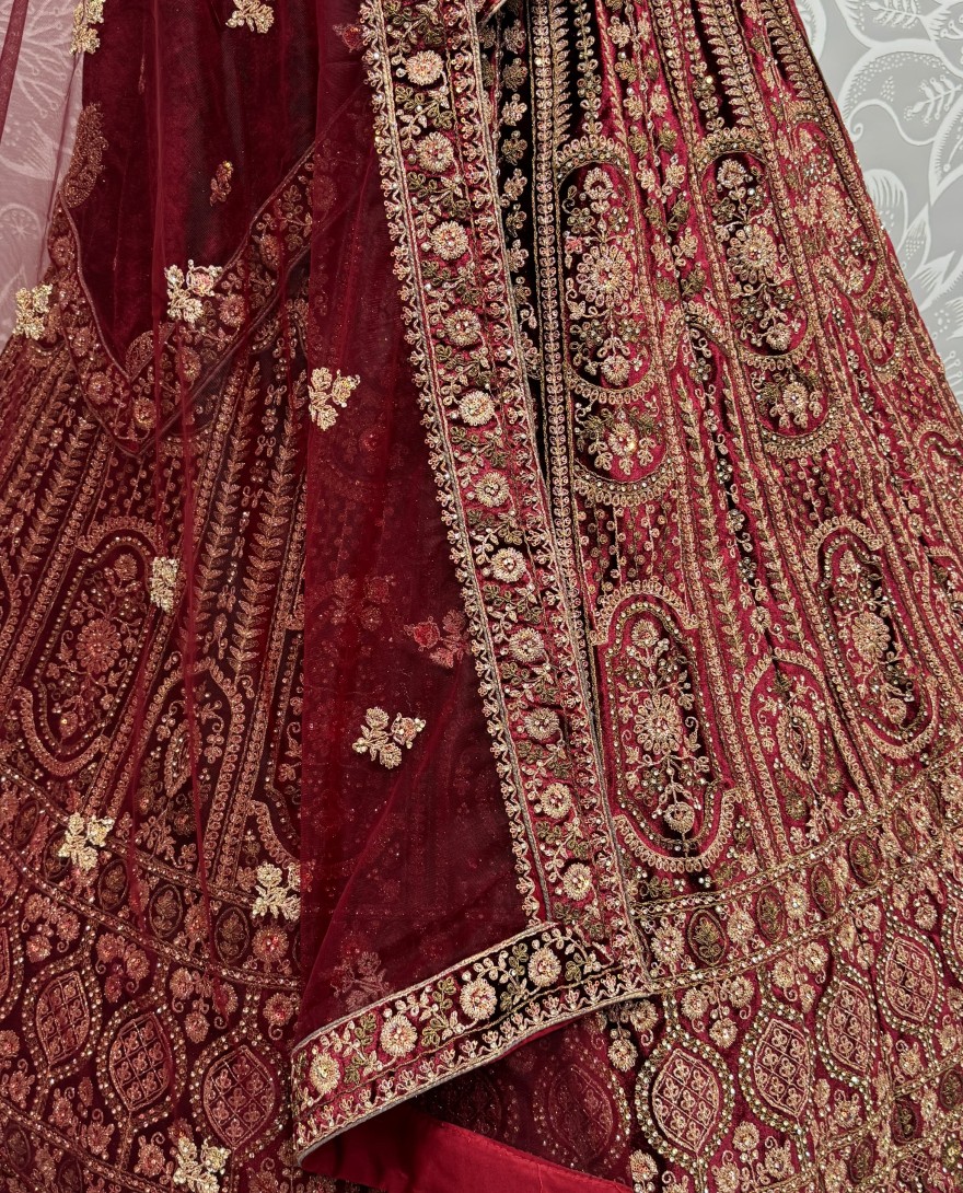 2858 - Double dupatta combine Maroon Velvet Lehenga choli in Dori work